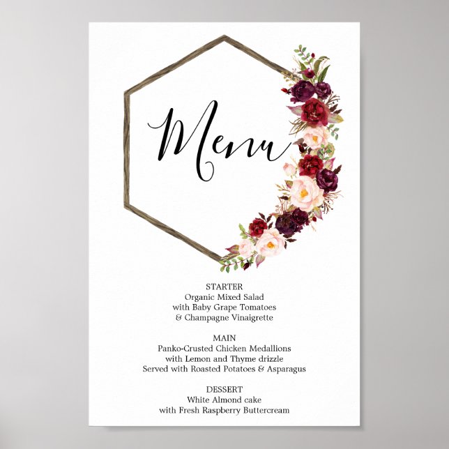 Boho Burgundy Menü- oder Bar Menu-Zeichen Poster (Vorne)