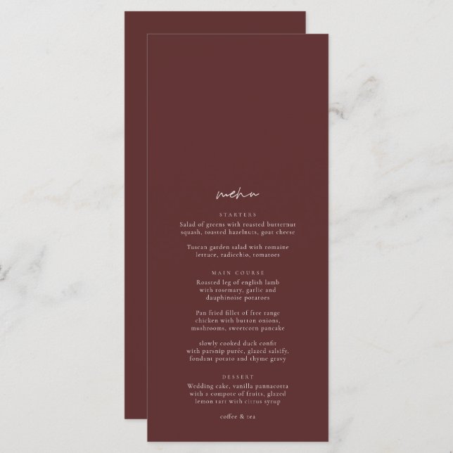 Boho Burgundy Minimalistisches Hochzeitsmenü Menükarte (Vorne/Hinten)