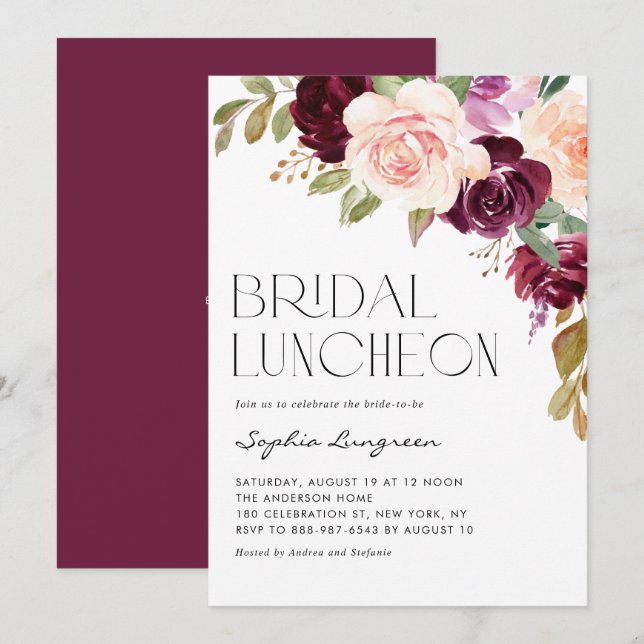 Boho Burgundy Peach Blume Fall Bridal Luncheon Einladung (Vorne/Hinten)