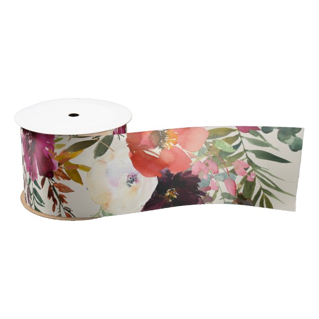 Boho Burgundy + Peach Wassercolor Floral Ribbon Satinband (Spule)