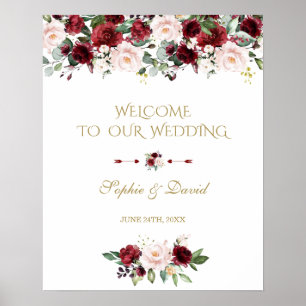 Boho Burgundy Pink Floral Begrüßungszeichen Poster