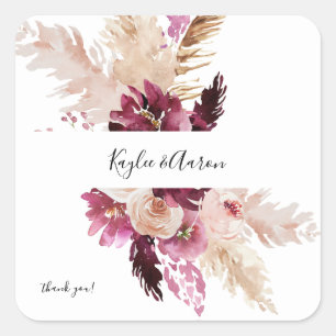 Boho Burgundy & Pink Floral Pampas Grass Vielen Da Quadratischer Aufkleber