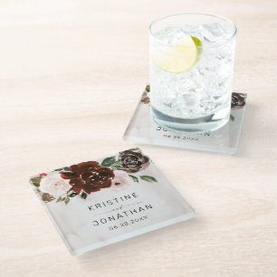 Boho Burgundy Pink Rose Blumenhochzeit Glasuntersetzer