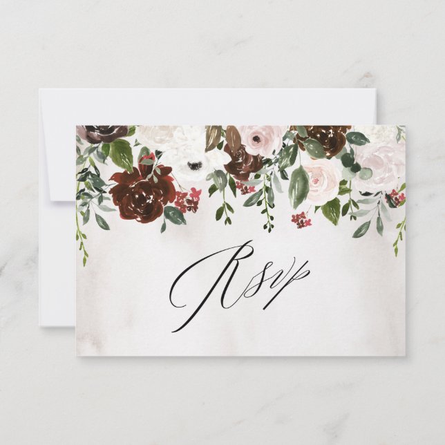 Boho Burgundy Pink Rose Blumenhochzeit RSVP Karte (Rückseite)