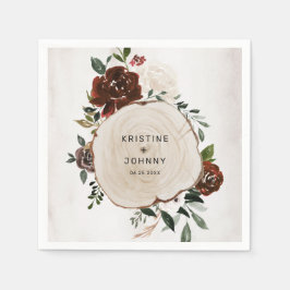 Boho Burgundy Pink Rose Floral Wood Slice Wedding Serviette