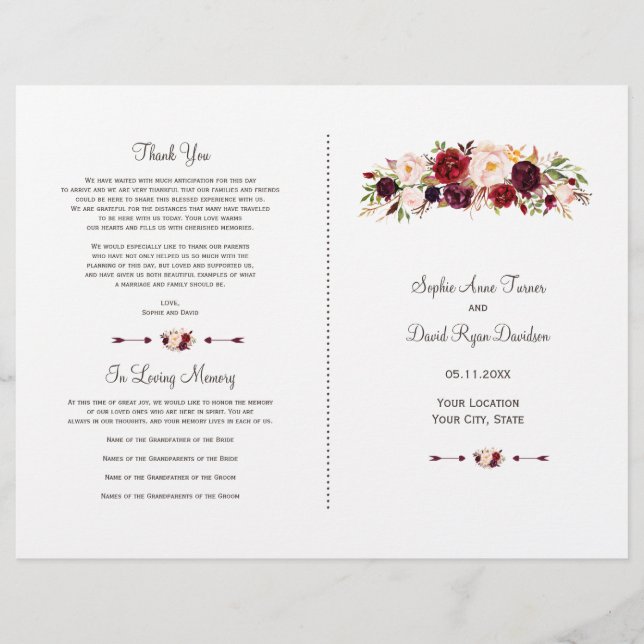 Boho Burgundy Red Marsala Floral Wedding Program (Vorderseite)