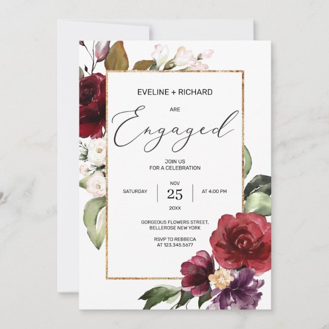 Boho burgundy Rosa Blütenpink Roter Merlot Einladung (Vorderseite)