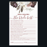 Boho Burgundy Rose fallen Brautparty Game Flyer<br><div class="desc">Wer kennt das Bride Best Brautparty Spiel? Herbst boho burgundy Rose Design.</div>