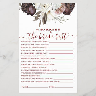 Boho Burgundy Rose fallen Brautparty Game Flyer