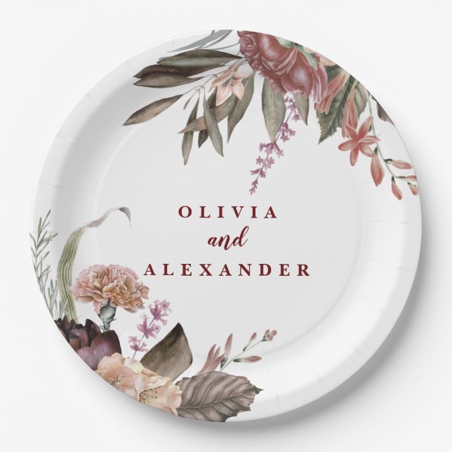 Boho Burgundy Rose fallen Hochzeit Pappteller (Vorderseite)