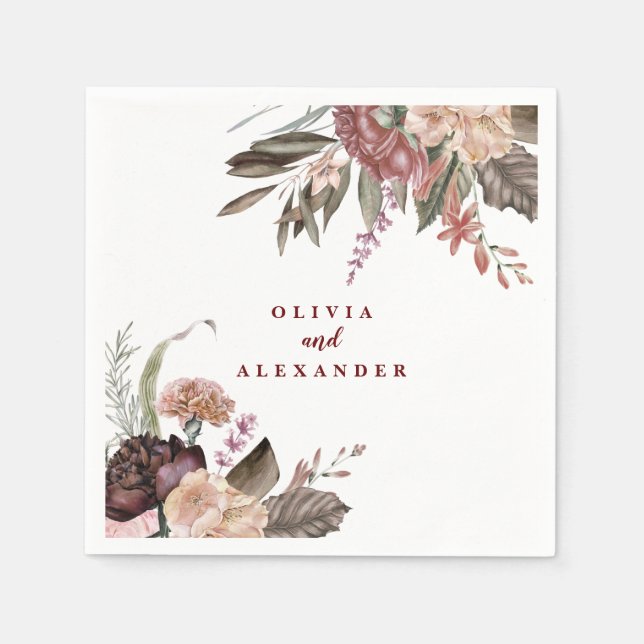 Boho Burgundy Rose fallen Hochzeit Serviette (Vorderseite)