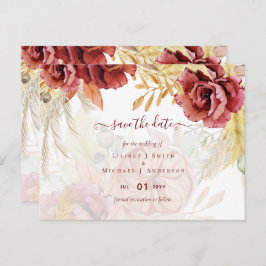 BOHO Burgundy Rose Pampas Grass Wedding Postkarte