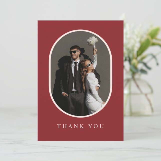 Boho Burgundy Rustic Floral Foto Wedding Dankeskarte (Stehend Vorderseite)