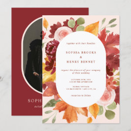 Boho Burgundy Rustic Floral Foto Wedding Einladung