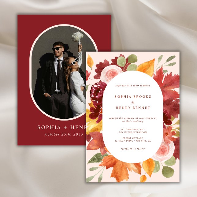 Boho Burgundy Rustic Floral Foto Wedding Einladung (Von Creator hochgeladen)