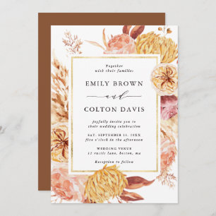 Boho Burgundy Terracotta Blume Gold Frame Wedding Einladung