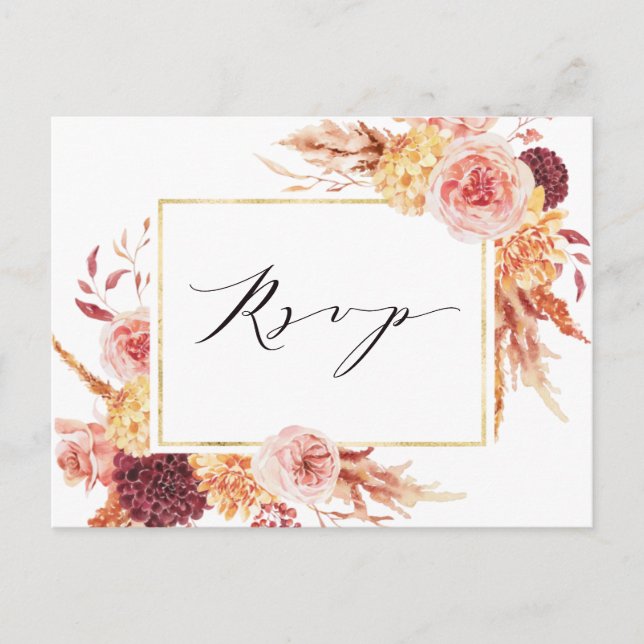 Boho Burgundy Terracotta Blume Wedding RSVP Postkarte (Vorderseite)