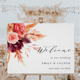 Boho Burgundy Terracotta Floral Wedding Willkommen Poster