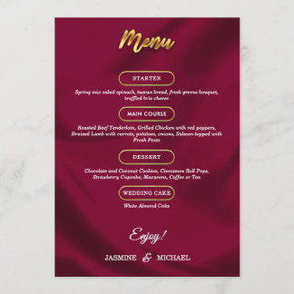 Boho Burgundy und Gold Elegante Script Wedding Menükarte
