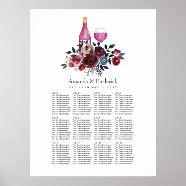 Boho Burgundy und Navy Wein Verkostungsplan Poster (Vorne)