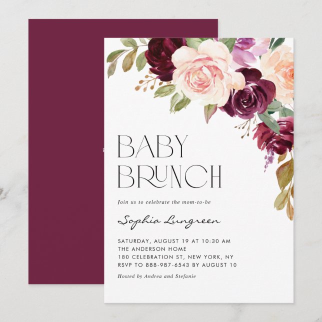 Boho Burgundy und Peach Blume Fall Baby Brunch Einladung (Vorne/Hinten)