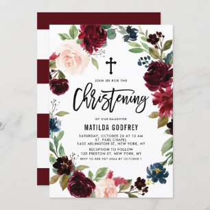 Boho Burgundy Watercolor Floral Wreath Christening Einladung