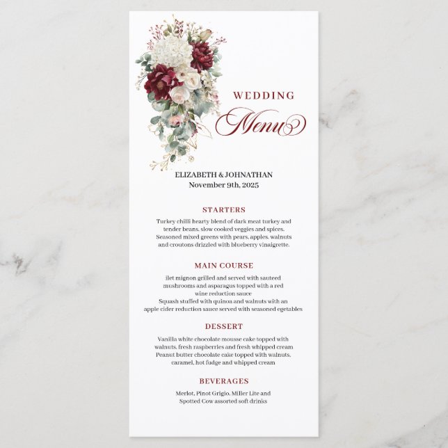 Boho Burgundy White Floral Wedding Menu Card Menükarte (Vorderseite)