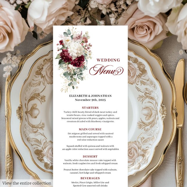 Boho Burgundy White Floral Wedding Menu Card Menükarte (Boho Burgundy White Floral Wedding Menu Card)