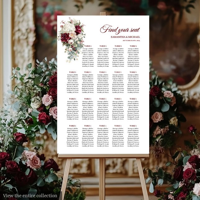 Boho Burgundy White Garden Rose Wedding Chart Poster (Boho Burgundy White Garden Rose Wedding Chart)