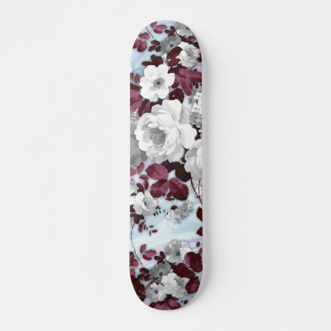 Boho burgundy white pastel marble floral pattern skateboard (Vorne)