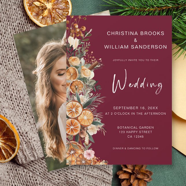 Boho Burgundy Winter Holiday Wedding Foto Einladung (Von Creator hochgeladen)