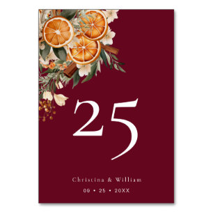 Boho Burgundy Winter Holiday Wedding Tischnummer