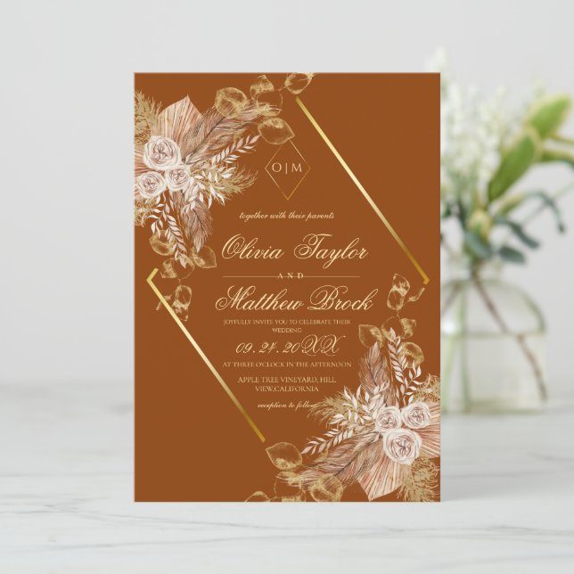 Boho Burn Orange Diamond Gold Wedding Einladung (Stehend Vorderseite)