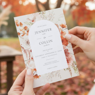 Boho Burnt Orange Fall Floral Arch Monogram Beige Einladung
