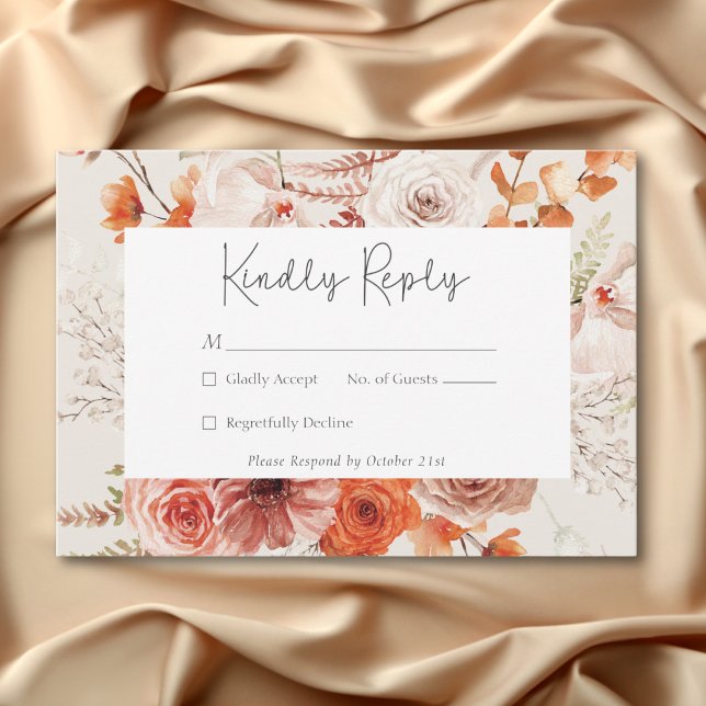 Boho Burnt Orange Fall Floral Monogram Beige RSVP Karte (Boho Burnt Orange Fall Floral Monogram Beige RSVP Card)