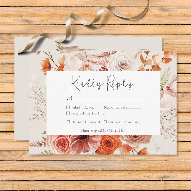 Boho Burnt Orange Fall Floral Monogram Beige RSVP Karte (Von Creator hochgeladen)