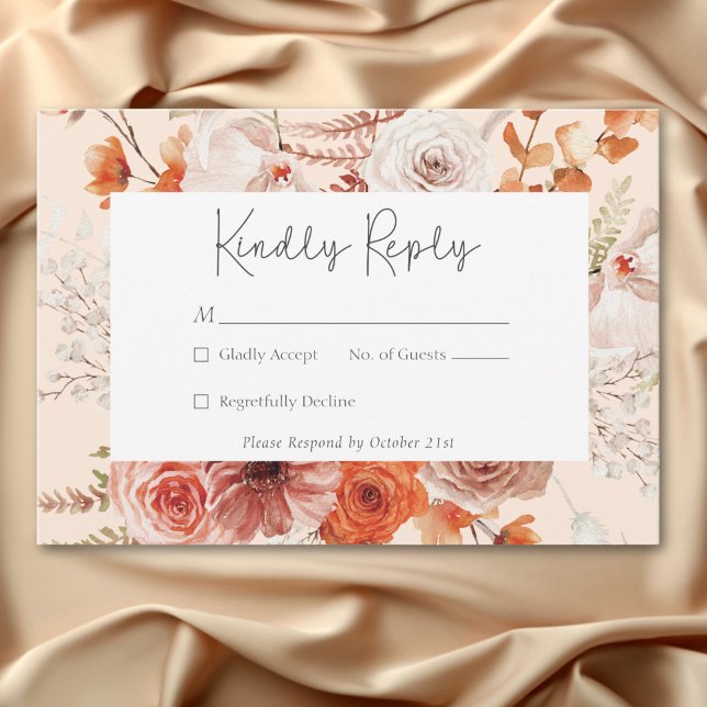 Boho Burnt Orange Fall Floral Monogramm Pfirsich RSVP Karte (Boho Burnt Orange Fall Floral Monogram Peach RSVP Card)