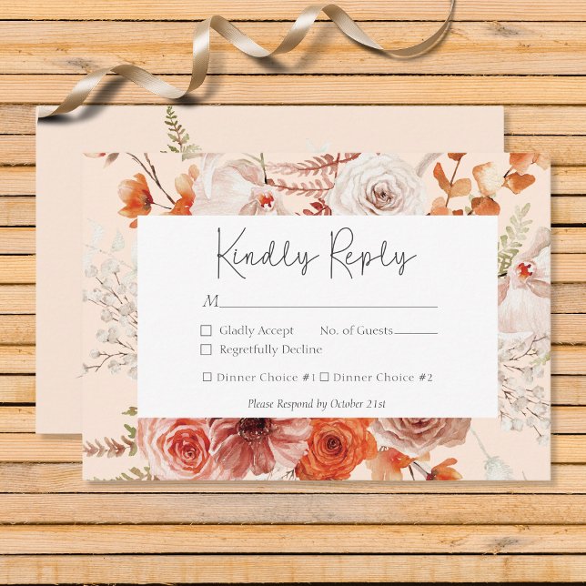 Boho Burnt Orange Fall Floral Monogramm Pfirsich RSVP Karte (Von Creator hochgeladen)