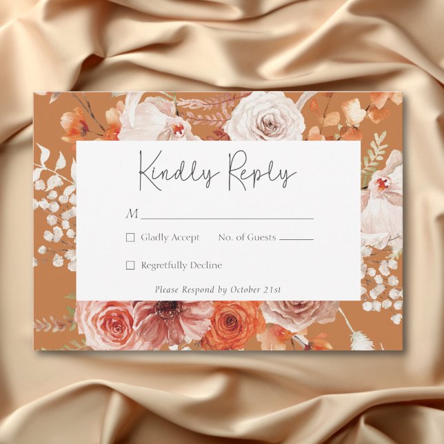 Boho Burnt Orange Fall Floral Monogramm Rust RSVP Karte (Boho Burnt Orange Fall Floral Monogram Rust RSVP Card)