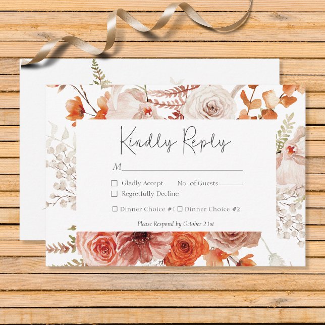 Boho Burnt Orange Fall Floral Monogramm weiß RSVP Karte (Von Creator hochgeladen)