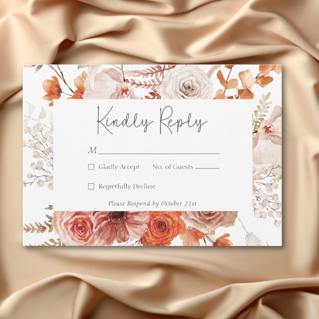 Boho Burnt Orange Fall Floral White RSVP Karte (Boho Burnt Orange Fall Floral White RSVP Card)
