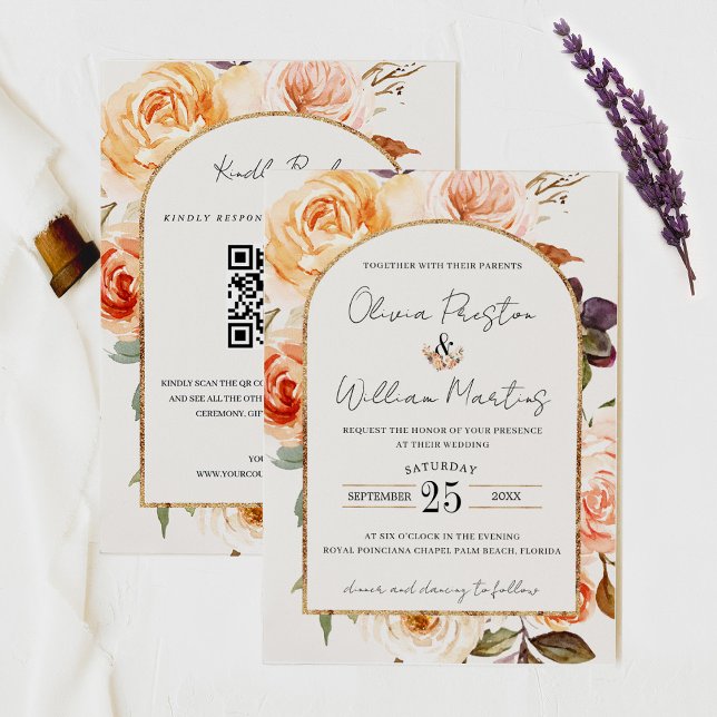 Boho Burnt Orange Floral Arch QR Code UAWG Wedding Einladung (Von Creator hochgeladen)
