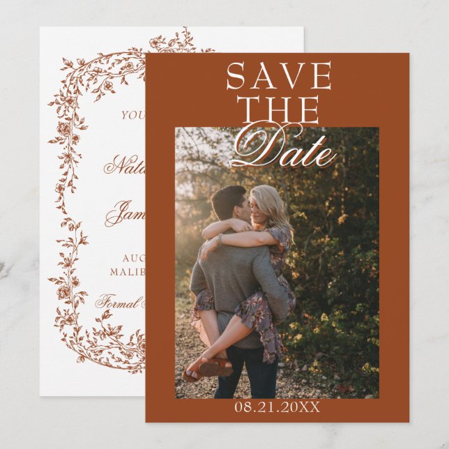 Boho Burnt Orange Floral Botanical Photo Wedding Save The Date (Vorne/Hinten)