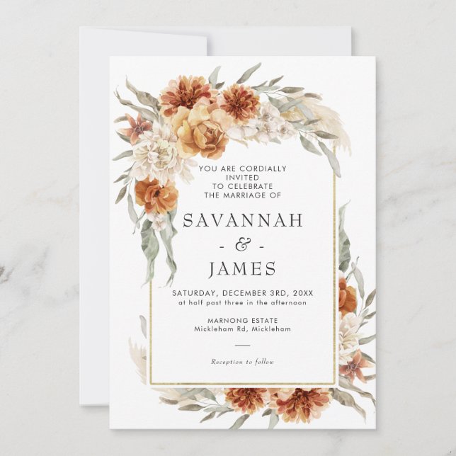 Boho Burnt Orange Floral mit RahmenWedding Einladung (Vorderseite)