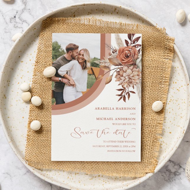 Boho Burnt Orange Floral & Pampas Grass Wedding Save The Date (Von Creator hochgeladen)