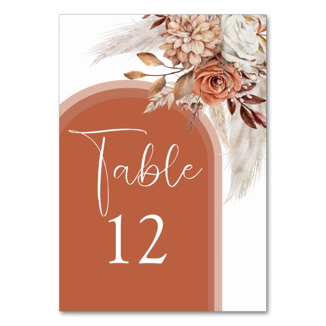 Boho Burnt Orange Floral & Pampas Grass Wedding Tischnummer (Vorderseite)