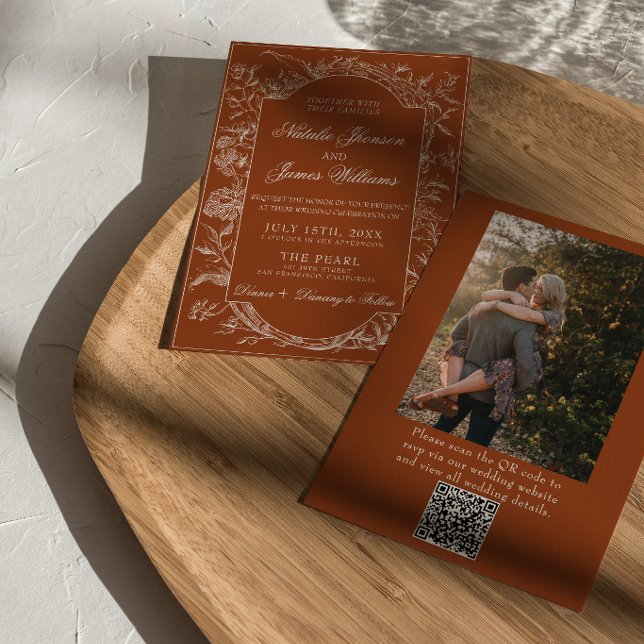 Boho Burnt Orange Floral QR Code Foto Hochzeit Einladung (Von Creator hochgeladen)