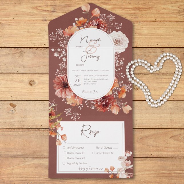 Boho Burnt Orange Rust Fall Drei Abendessen mit Fl All In One Einladung (Boho Burnt Orange Rust Fall Floral Three Dinner All In One Invitation)