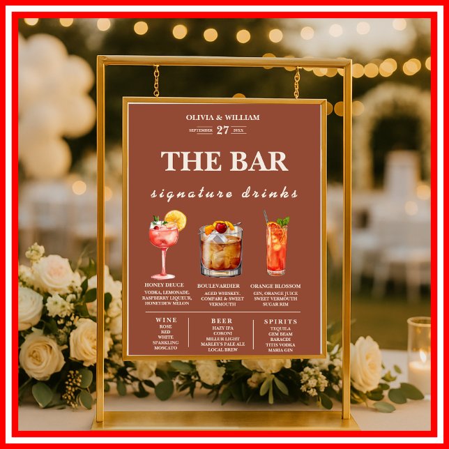 Boho Burnt Orange Terracotta Wedding Bar Menu Poster (Von Creator hochgeladen)