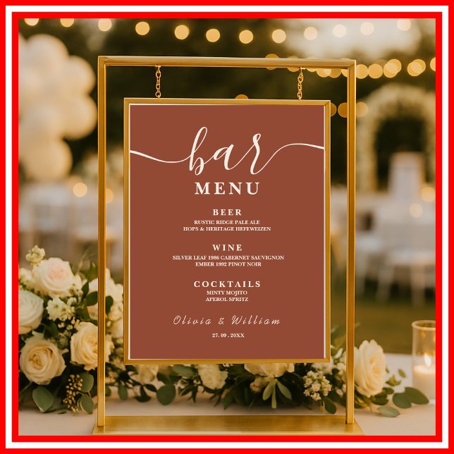 Boho Burnt Orange Terracotta Wedding Bar Menu Poster (Von Creator hochgeladen)
